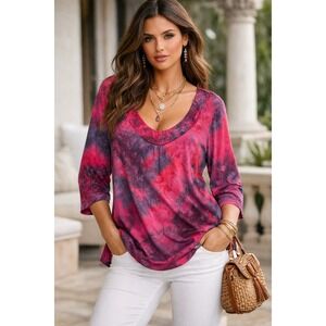 Y2K Bobbie Brooks Top‎ Womens 2X Pink Purple Tie Dye Boho Cottagecore Festival